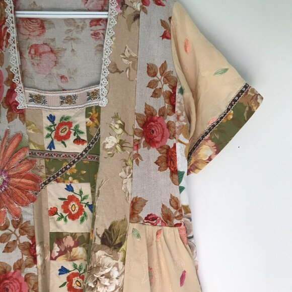 Art to wear patchwork mini dress women's M boho hippie retro denim whimsy floral - Picture 7 of 13
